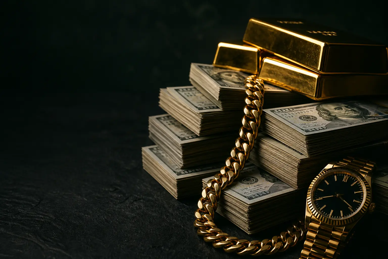 Stacks of cash with gold bars, a gold chain and a luxury watch at Roma Jewelry.