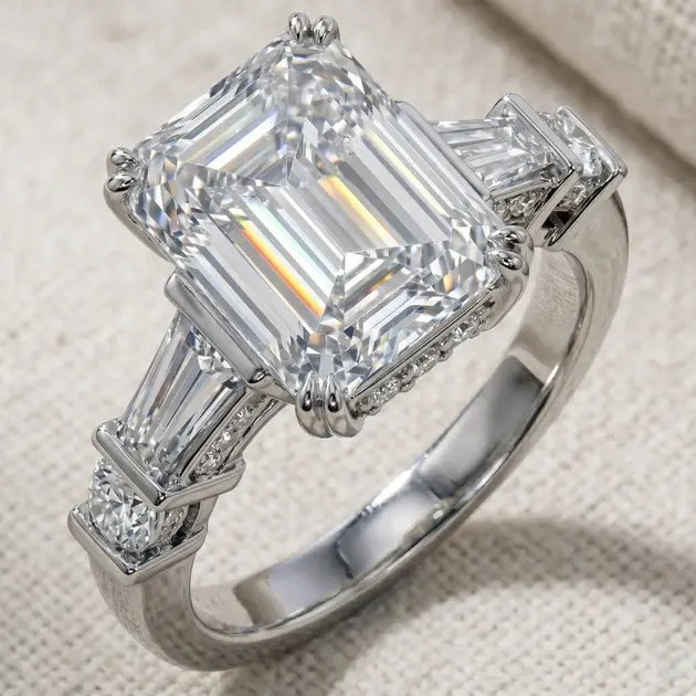 Emerald-cut diamond engagement ring with baguette side stones.