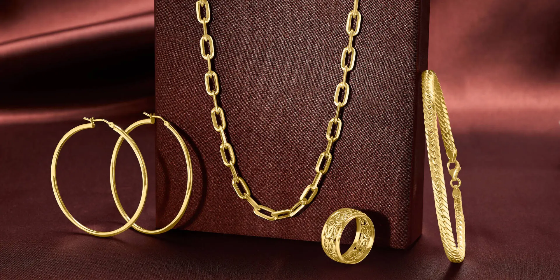 Gold Hoops & Paperclip Chain at Roma Jewelry